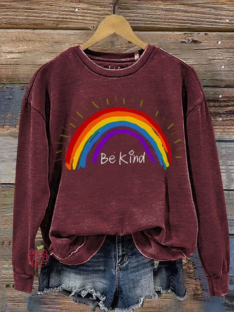 Be Kind Rainbow Stripe Casual Print Sweatshirt