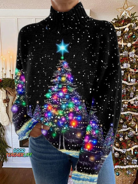 Glitter Christmas Print Knit Turtleneck Pullover Sweater