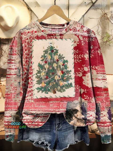 Christmas Tree Patchwork Art Print Casual Sweatshirt