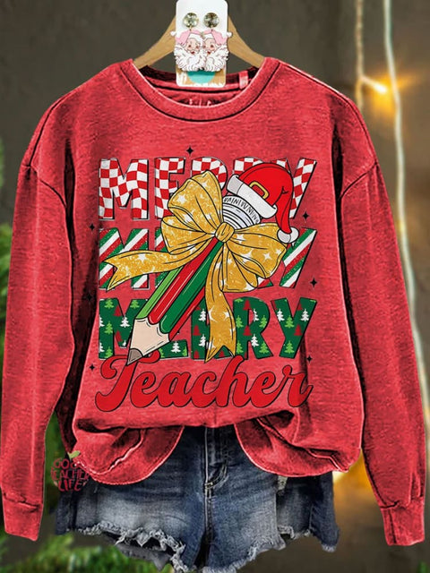 Christmas Pencil Tree Teacher Coquette Bow Casual Sweatshirt