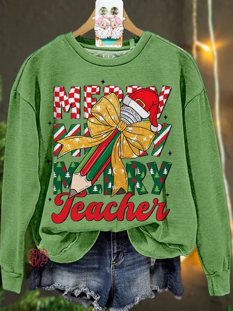 Christmas Pencil Tree Teacher Coquette Bow Casual Sweatshirt