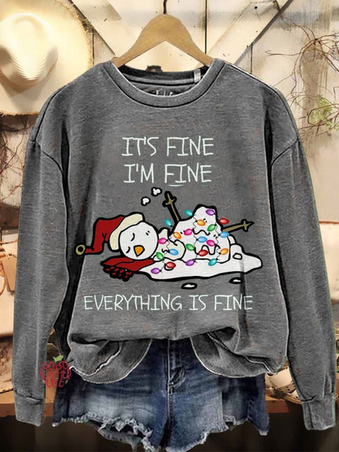 It's Fine I'm Fine Melting Snowman Teacher Christmas Casual Print Sweatshirt