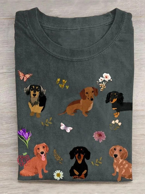 Dachshund Floral  Art  Print T-shirt