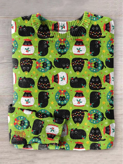 Cute Little Black Cat with Christmas Elements Print Knit Pullover Sweater