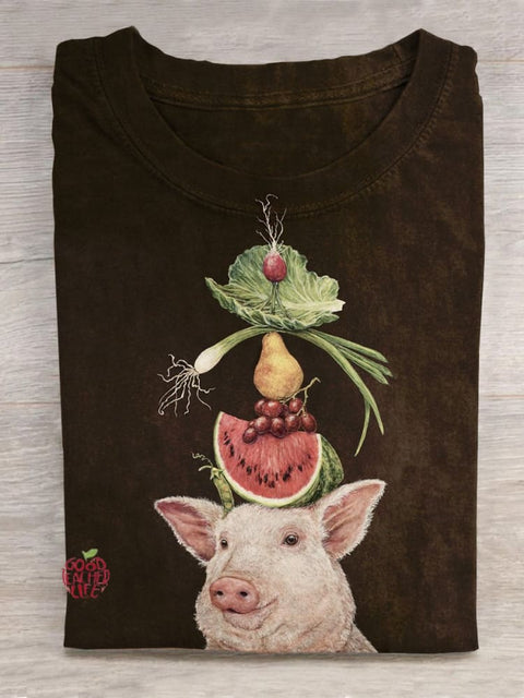 Piggy Wearing A Head Full Of Vegetables And Fruits Art Printed T-shirt