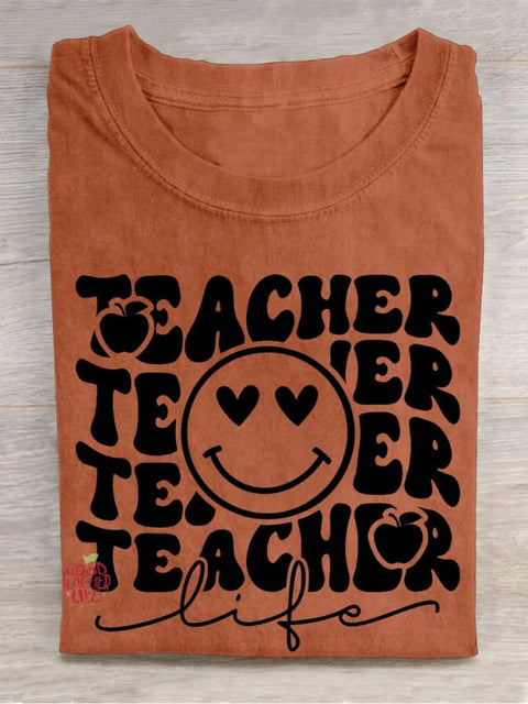 Teacher Life Smiley Face Apple Casual Print T-shirt