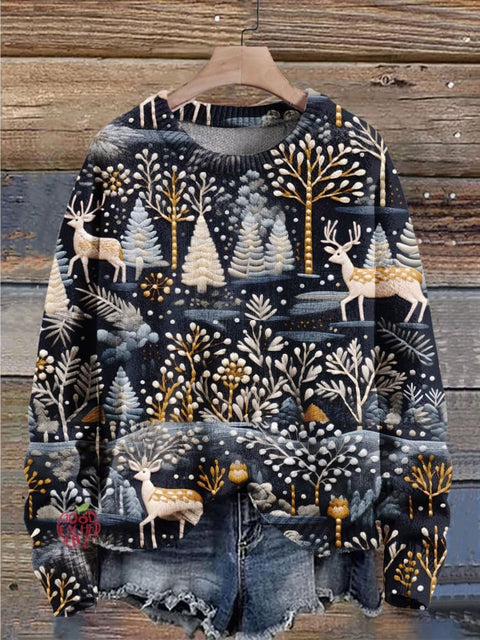 Christmas Gift Christmas Tree Christmas Deer Art Print Knit Pullover Sweater