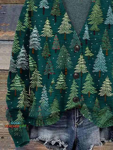 Christmas Gift Christmas Tree Print Buttoned V-neck Cardigan Sweater