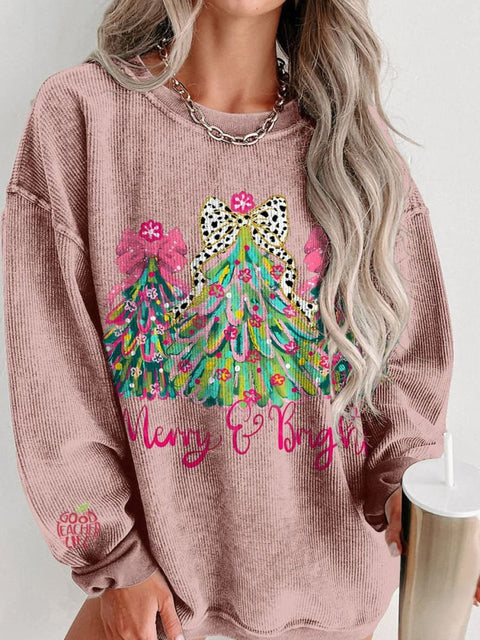 Christmas Merry and bright christmas tree coquette Women's  Casual Print Corduroy Sweatshirt