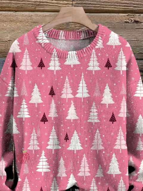 Winter Season Christmas Tree Pattern Printed Knit Pullover Sweater