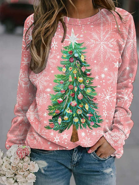 Women's Lovely Christmas Tree Art Print Casual Long Sleeve Sweatshirt