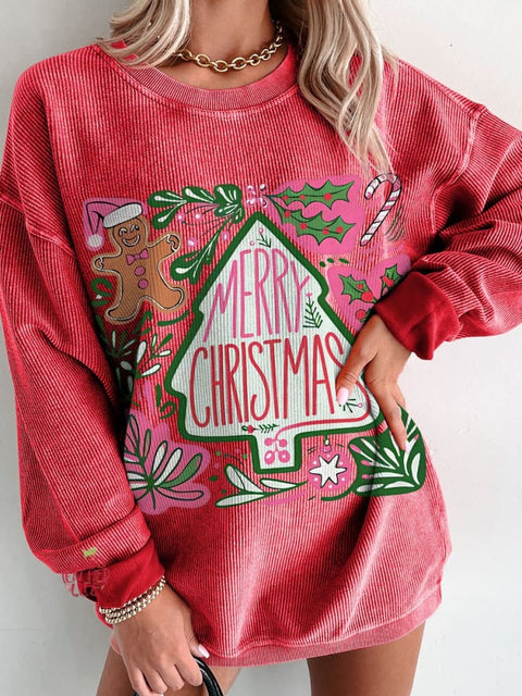 Christmas Boho Floral Christmas Women's  Casual Print Corduroy Sweatshirt