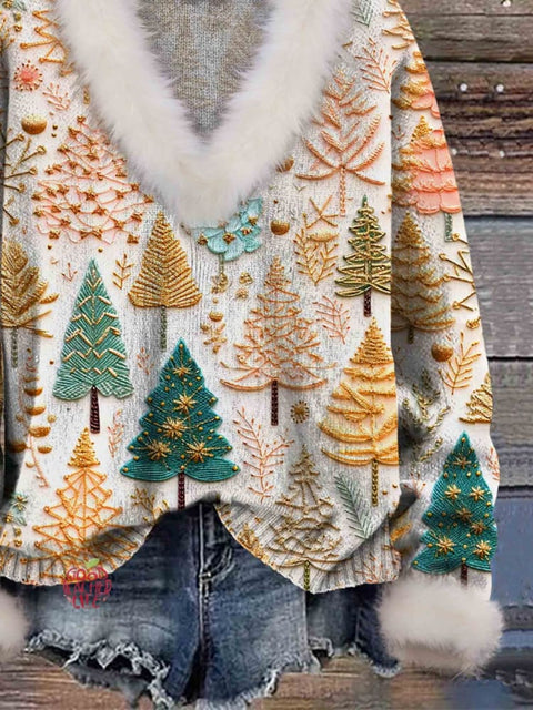 Christmas Tree Print Knit Pullover Fur Collar Sweater