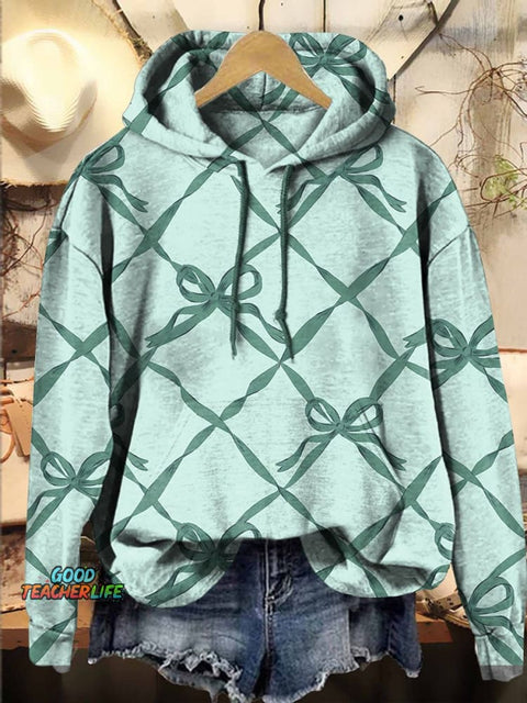 Christmas check Green bow Hooded Casual  Sweatshirt