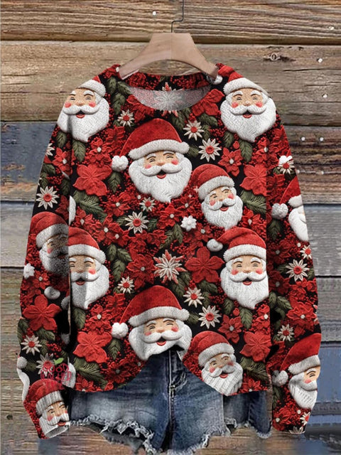 Christmas Cute Santa Claus Flowers Art Pattern Print Casual Knit Pullover Sweater