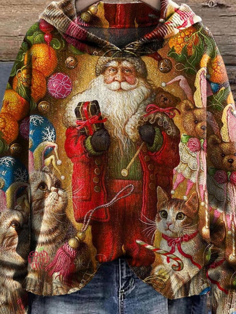 Christmas Cute Santa Cats Decorations Art Pattern Print Casual Knitted Hoodie Sweater