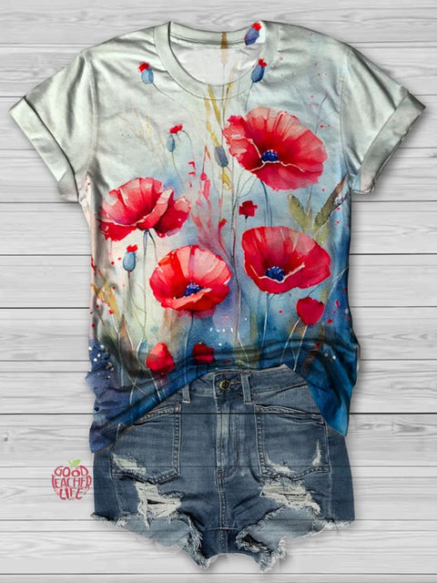 Poppy Flower Art Print Short Sleeve Casual T-shirt