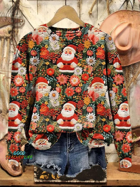 Lovely Christmas Santa Floral Art Print Casual Sweatshirt