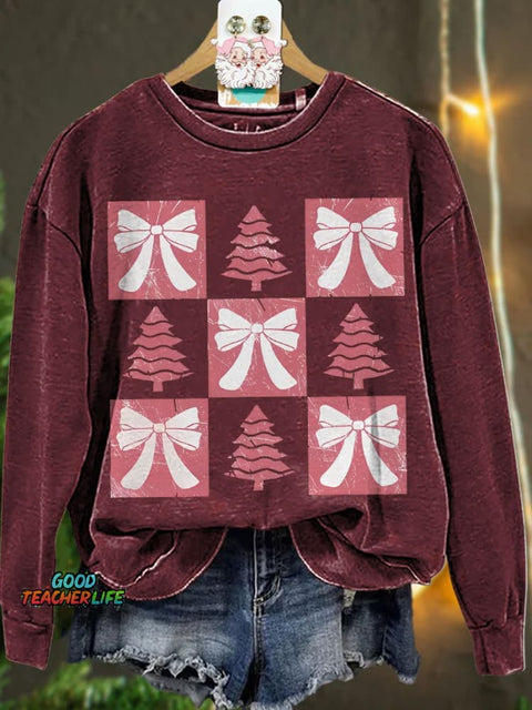 Christmas Retro Checkered Christmas Tree Pink bow Casual  Sweatshirt