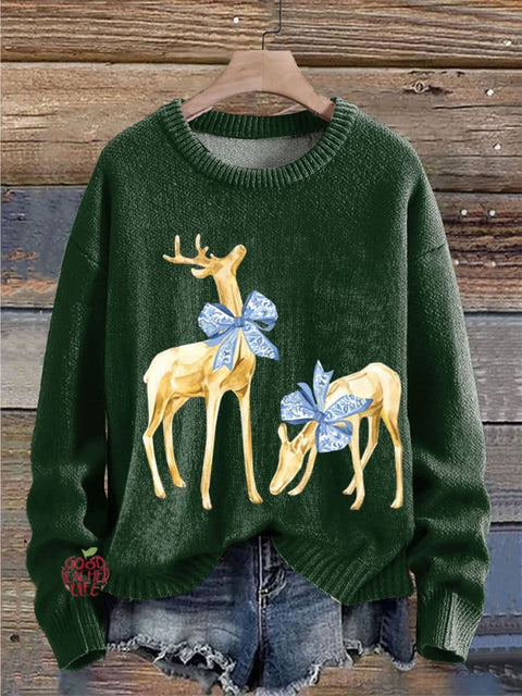 Christmas Elk Print Knit Pullover Sweater