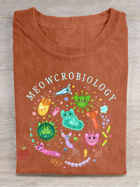 Meowcrobiology Cat Virus Teacher Casual Print T-shirt