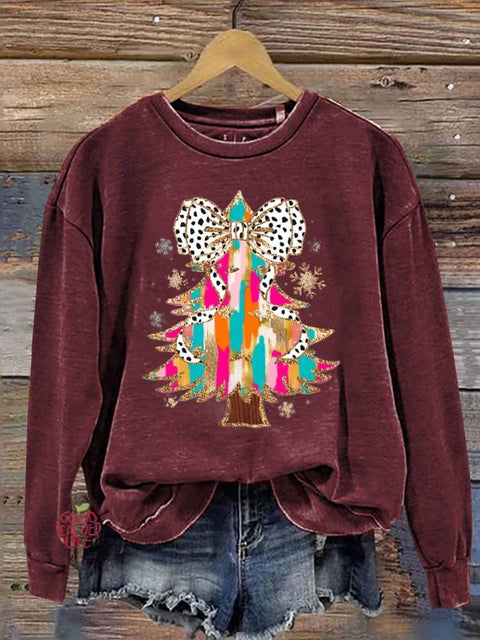 Retro Colorful Coquette Glitter Christmas Tree Print Sweatshirt