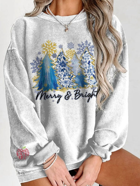 Women's Christmas Blue Floral Coquette Christmas Tree Merry & Bright Casual Print Sweatshirt