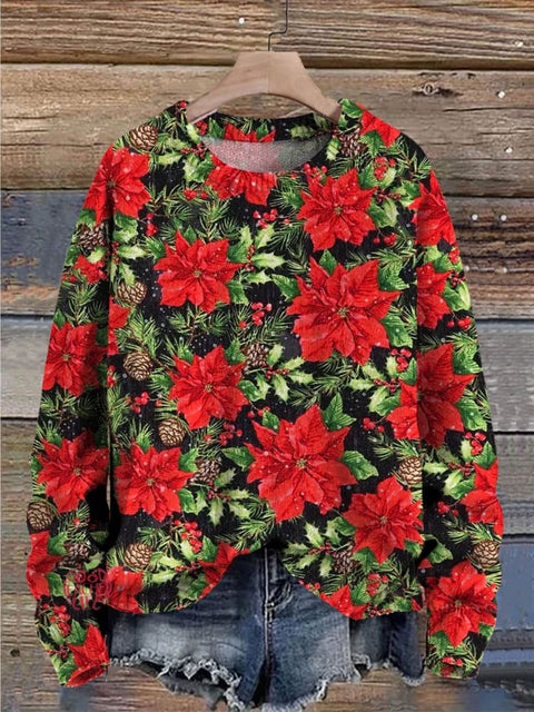 Christmas Floral Decorations Art Print Casual Knit Pullover Sweater