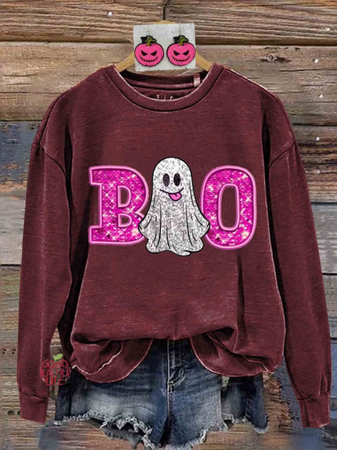 Retro Glitter Halloween Boo Print Sweatshirt