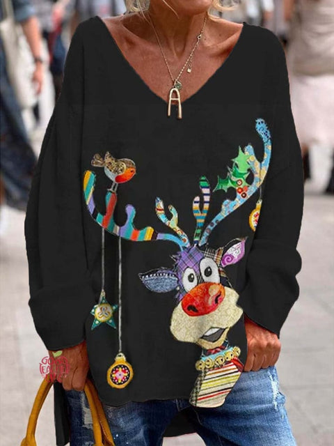 Women's Lovely Christmas Reindeer Art Print Casual Sweatshirt