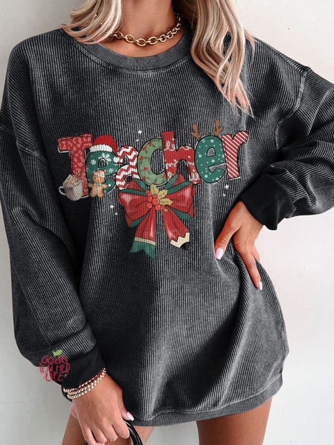 Women's Christmas Teacher Casual Print Corduroy Sweatshirt