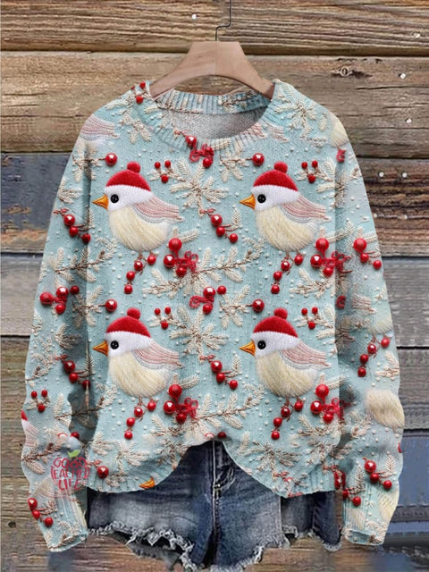 Christmas Gift Bird Art Print Knit Pullover Sweater