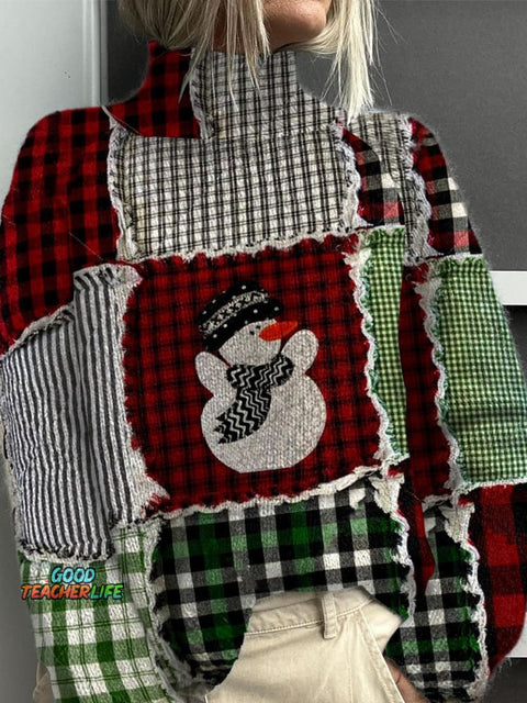 Retro Christmas Patchwork Print Knit Turtleneck Pullover Sweater