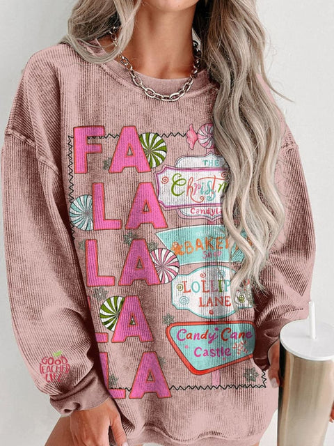 Christmas FaLaLaLaLa Retro Pink Women's  Casual Print Corduroy Sweatshirt