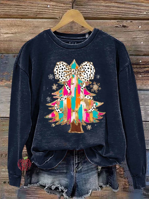 Retro Colorful Coquette Glitter Christmas Tree Print Sweatshirt