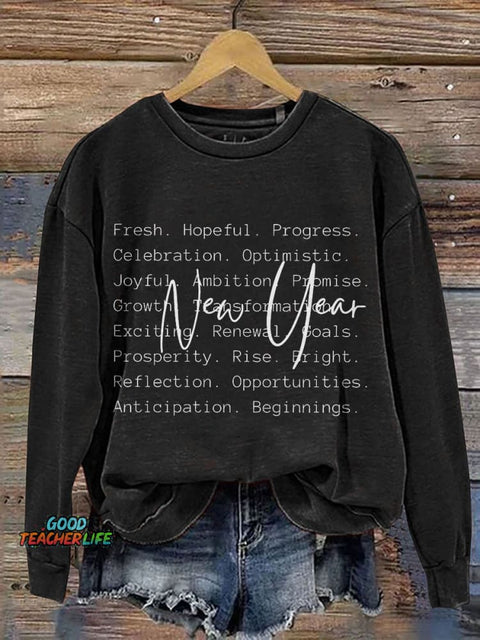 New Year Words Casual Print Sweatshirt