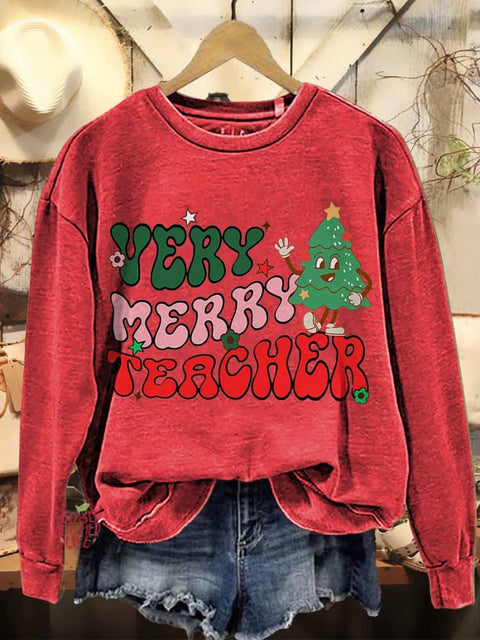 Merry Christmas Very Merry Teacher Casual Print Sweatshirt