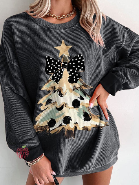 Women's Camo Coquette Bow Christmas Tree Casual Print Corduroy Sweatshirt