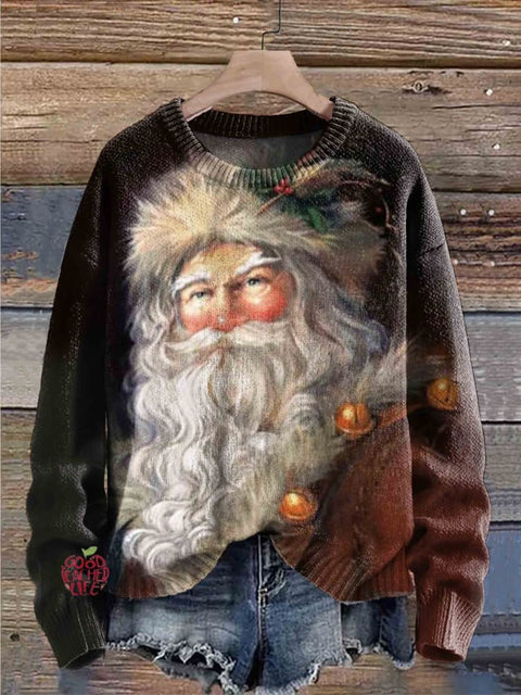 Christmas Santa Art Painting Round Neck Fashion Retro Casual Printed Sweater