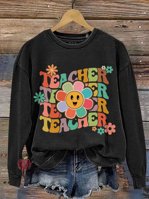 Groovy Teacher Casual Print Sweatshirt