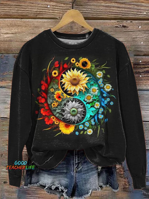 Vibrant Floral And Ying Yang Graphic Printed Casual Sweatshirt