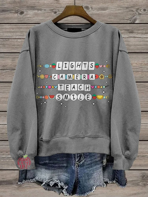 Lights Camera Teach Teacher Groovy Friendship Bracelet Casual Print Sweatshirt