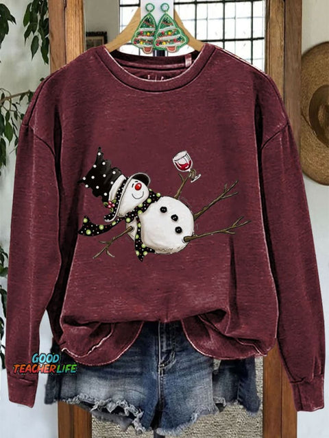 Drunk Snowman Drinking Wine Winter Holiday Christmas Casual Print Sweatshirt