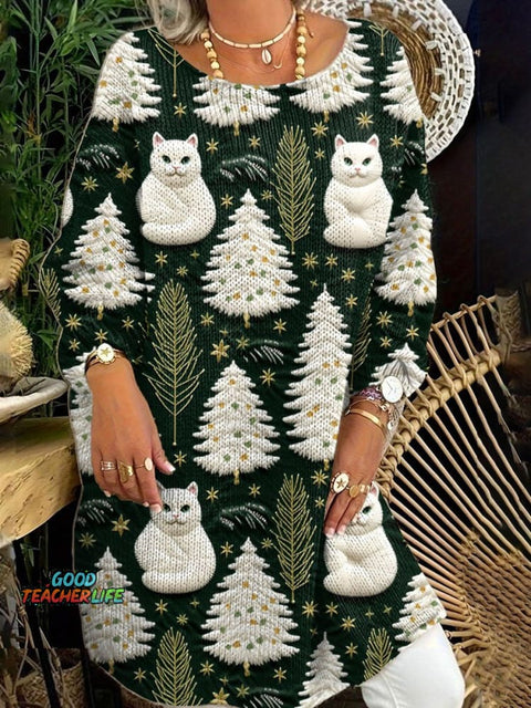 Women's Lovely Christmas Tree Cats Art Print Casual Pullover Sweater Dress