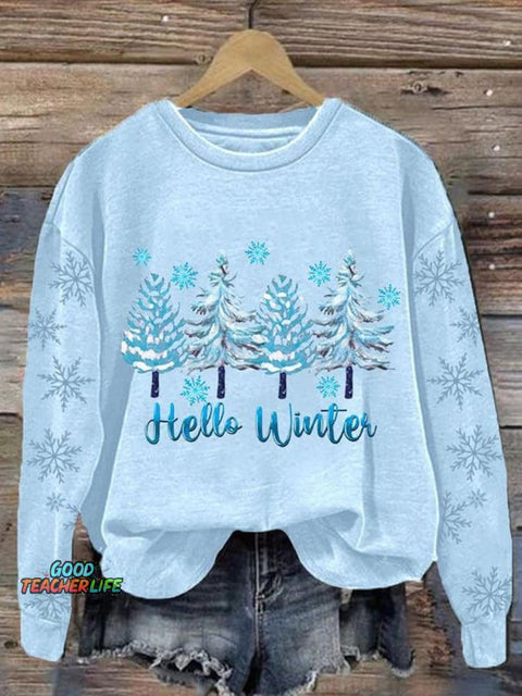 Hello Winter Christmas Tree Art Print Casual Sweatshirt