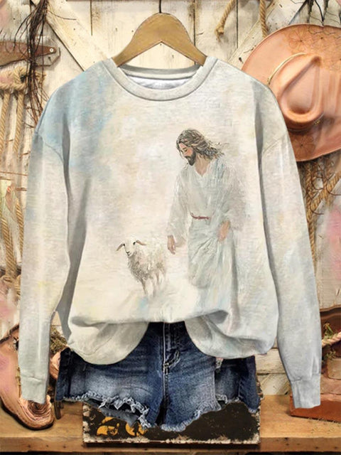 Women's Christian Jesus And Lamb Art Print Casual Sweatshirt