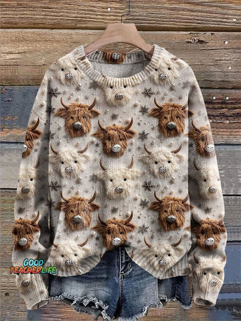 Christmas Highland Cow Highland Cattle Winter Snow Cute Cow Print Knit Pullover Sweater