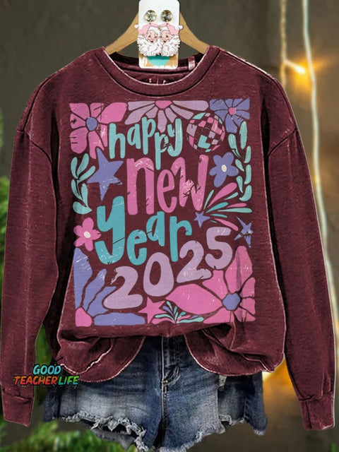 Retro Happy new year 2025 pastel floral Casual  Sweatshirt