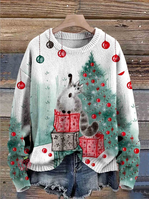 Cute Cat Christmas Art Print Knit Pullover Sweater