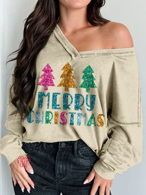 Women's Merry Christmas Print Long Sleeve V-neck Comfortable Cotton Shirt